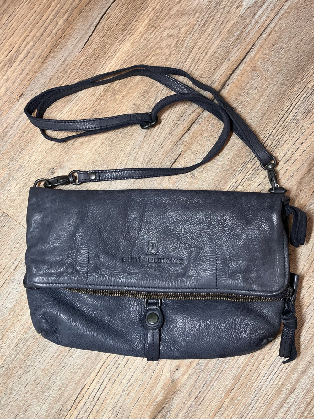 Aunts & Uncles Orangine Blue Grey Leather Foldover Crossbody Bag Purse Clutch